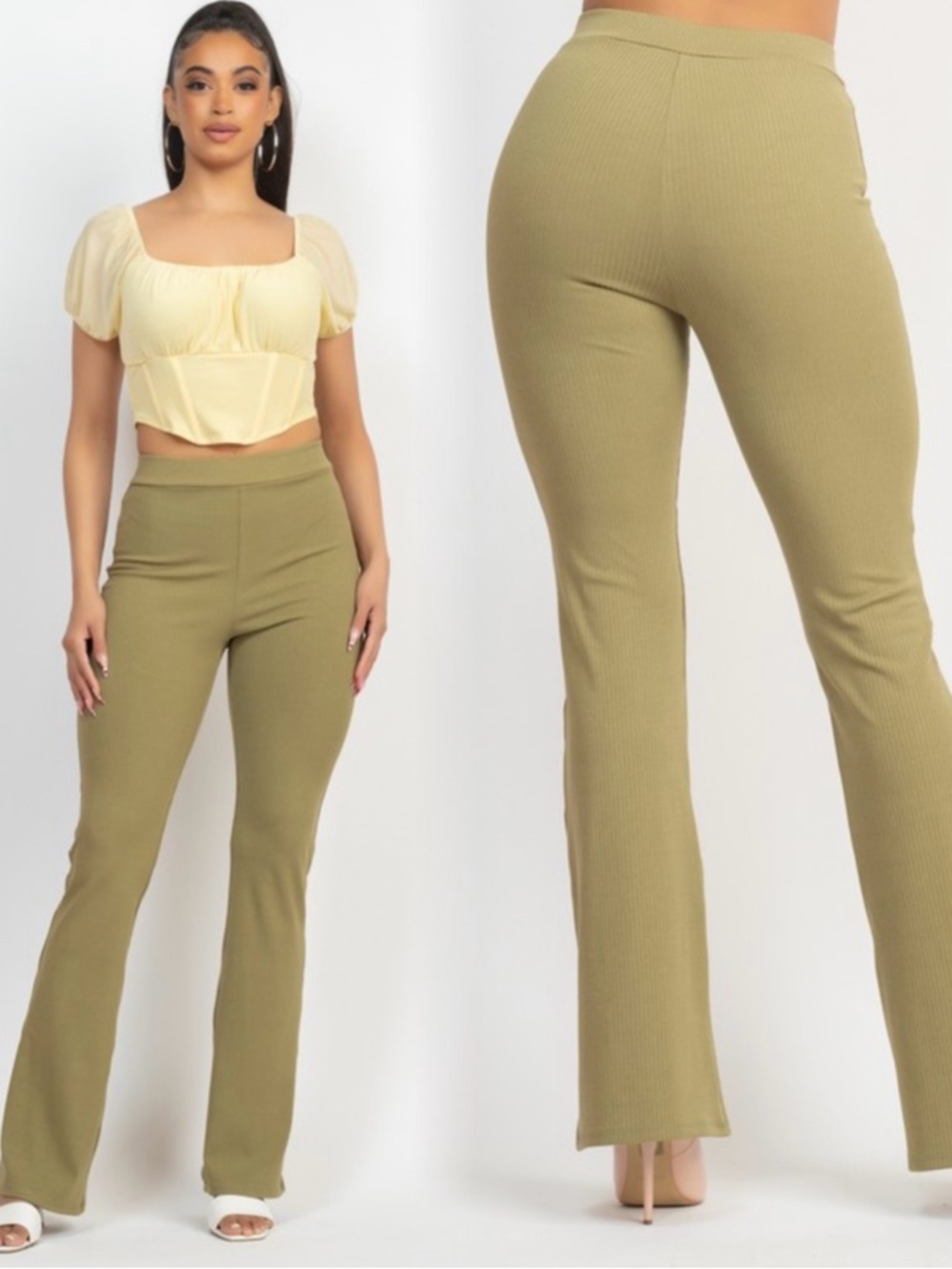 High-Rise Ribbed Flare Pants in Olive